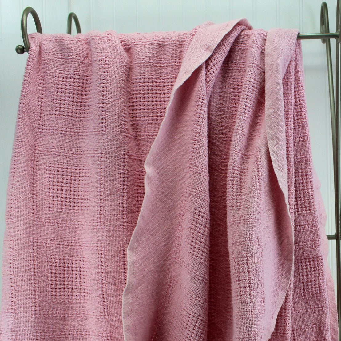 Vintage Large Cotton Blanket Pale Pink Basketweave 90" X 90"  close view cotton fabric