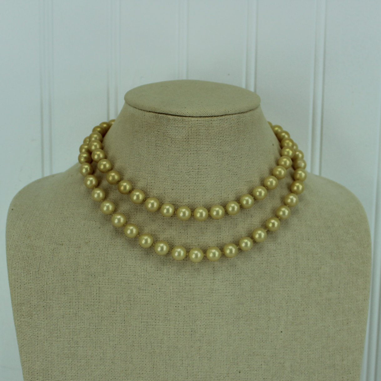 Majorica Vintage Double Strand Pearl Necklace Champagne Pearl Crystal Closure 16"