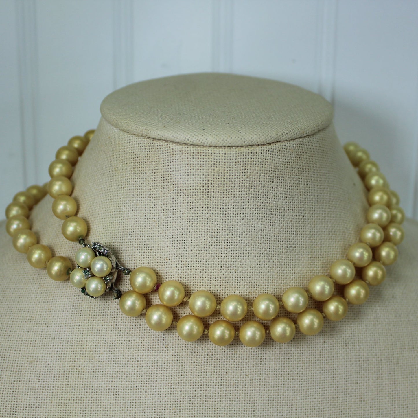 Majorica Vintage Double Strand Pearl Necklace Champagne Pearl Crystal Closure 16" view closure