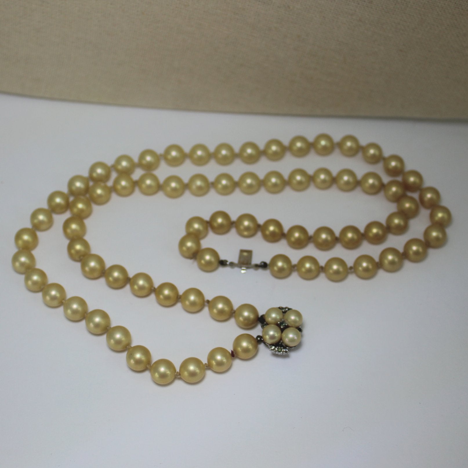 Majorica Vintage Double Strand Pearl Necklace Champagne Pearl Crystal Closure 16" closure shown open