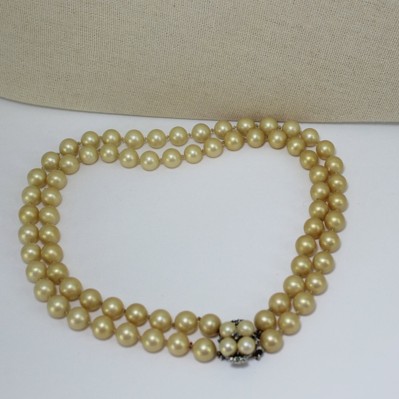 Majorica Vintage Double Strand Pearl Necklace Champagne Pearl Crystal Closure 16" flat view closed  finding pix