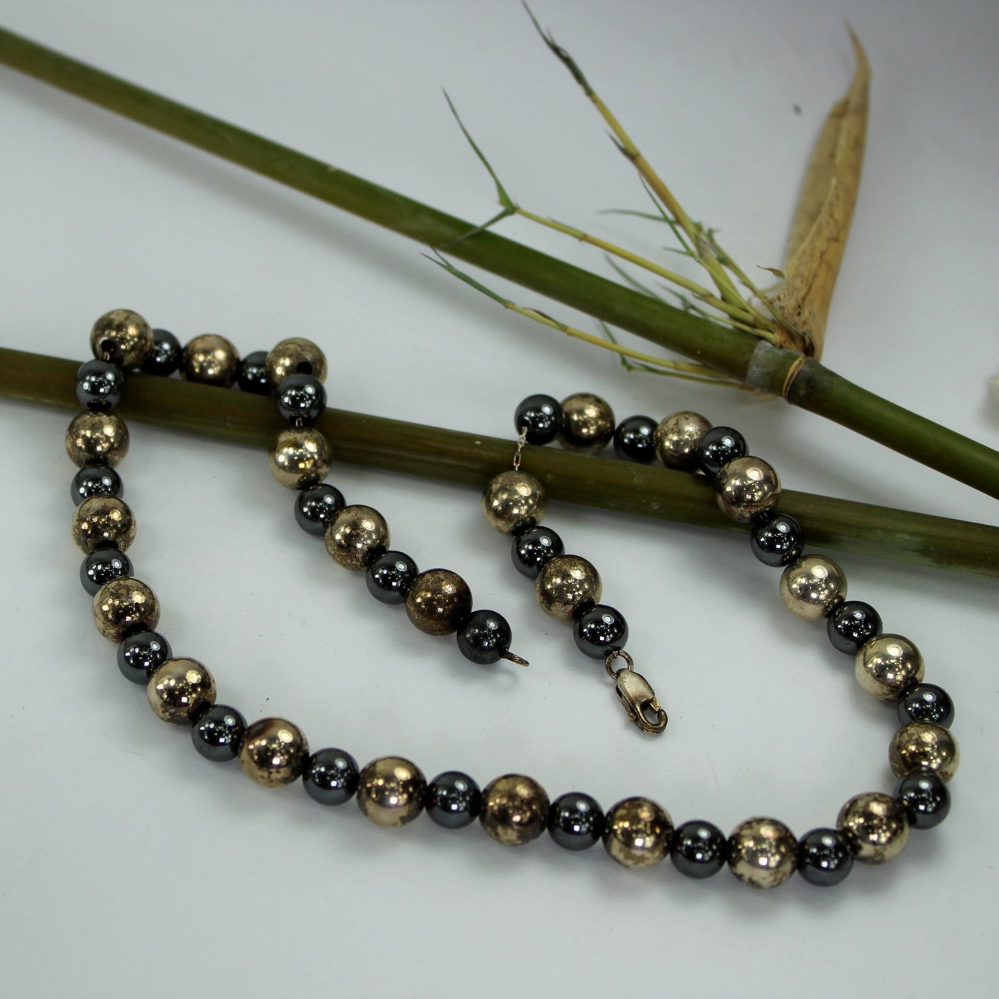 Metal Bead Necklace Silver Black Alternating Beads Chain Strung 925 Closure