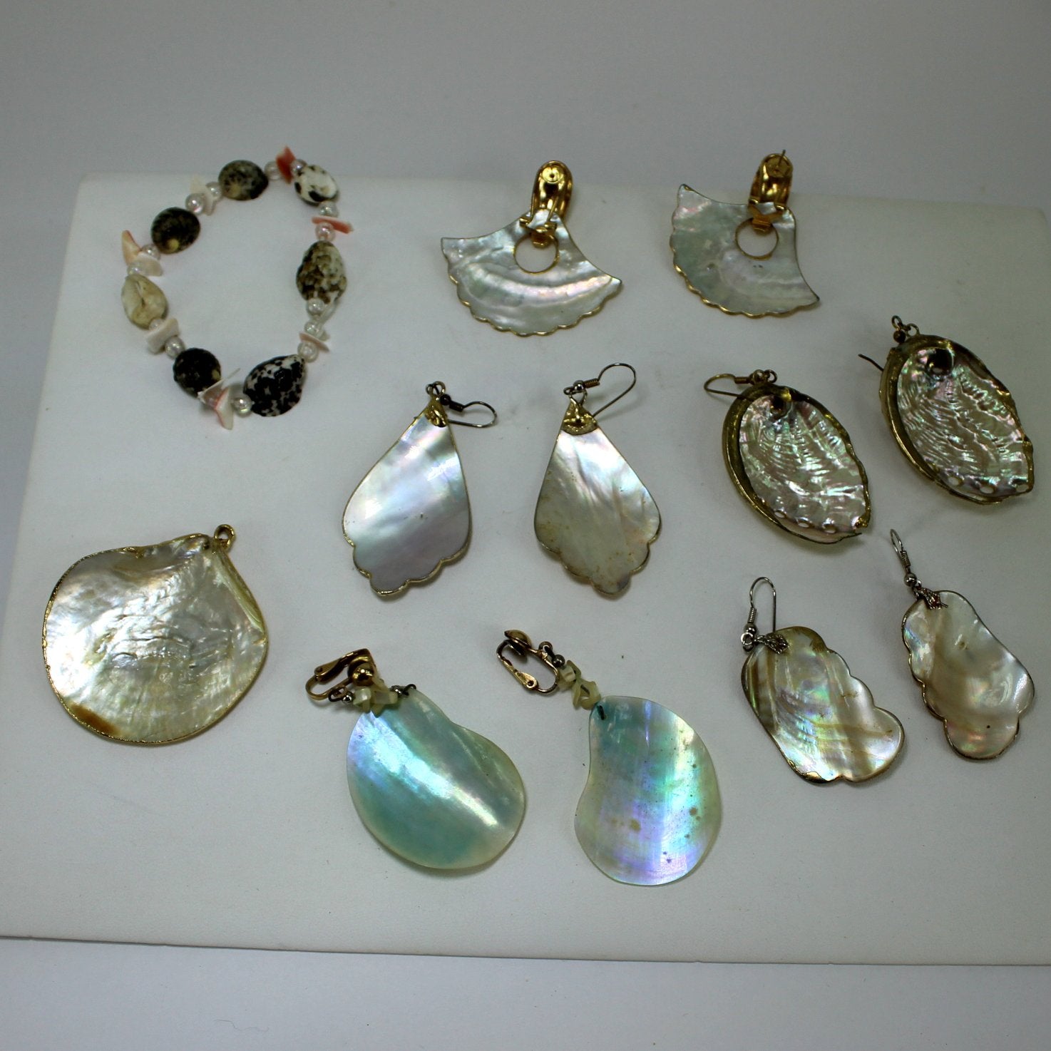 Collection 13 Vintage Shell Jewelry Necklaces Big Earrings Pendant earing backs