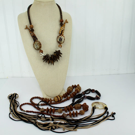 Collection Lot Vintage Wood Shell Necklaces Cord Belt