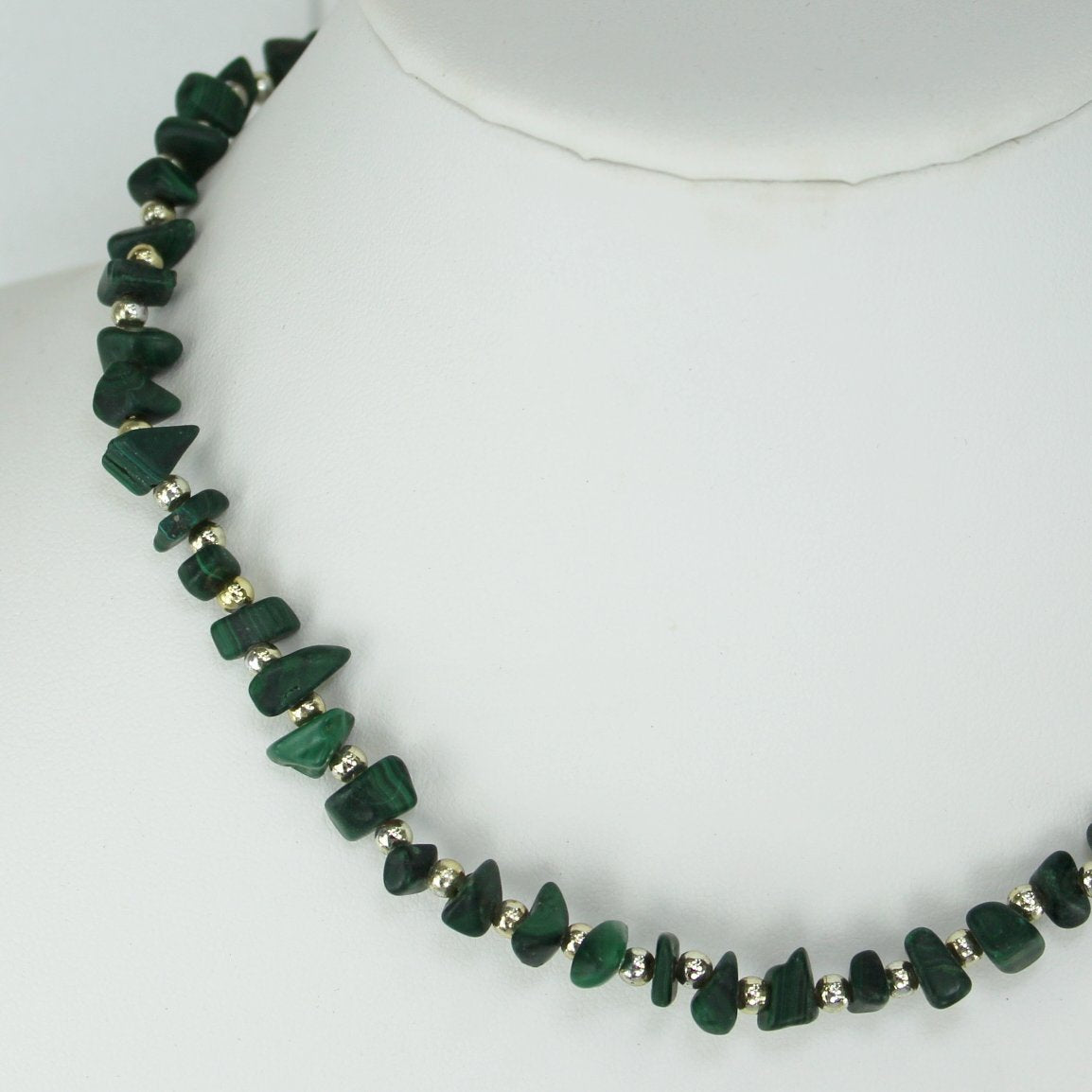 Malachite Chip Silver Bead Necklace closeup of beads
