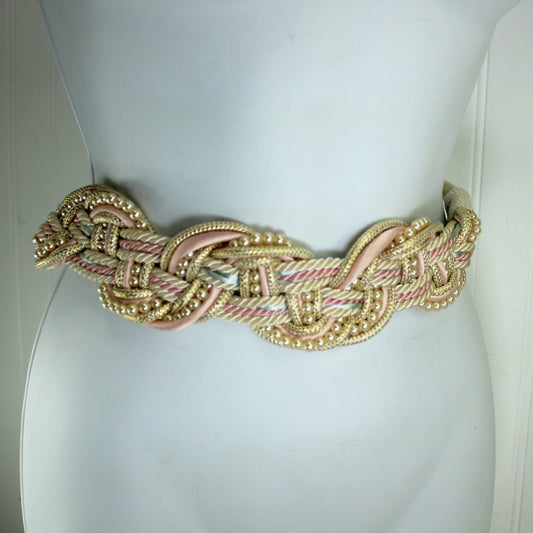 Vintage Pastel Pearl Gold Ivory Cord Belt Leather Shop