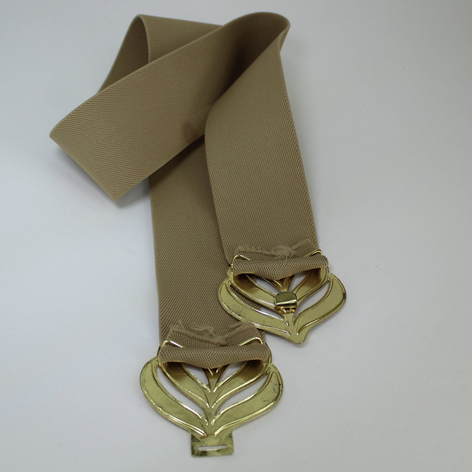 Vintage Tan Khaki Stretch Belt Metal Leaves Buckle reverse