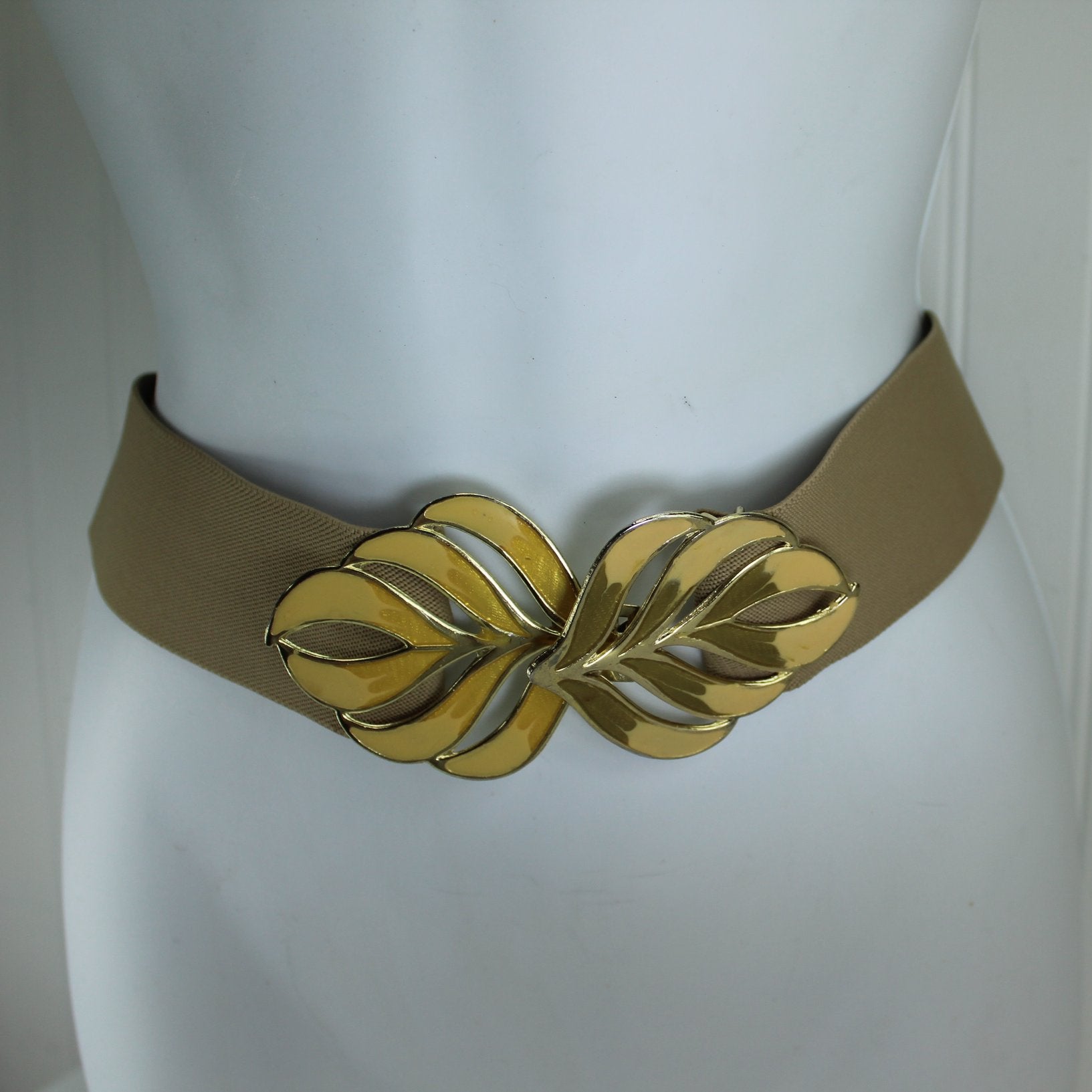 Vintage Tan Khaki Stretch Belt Metal Leaves Buckle