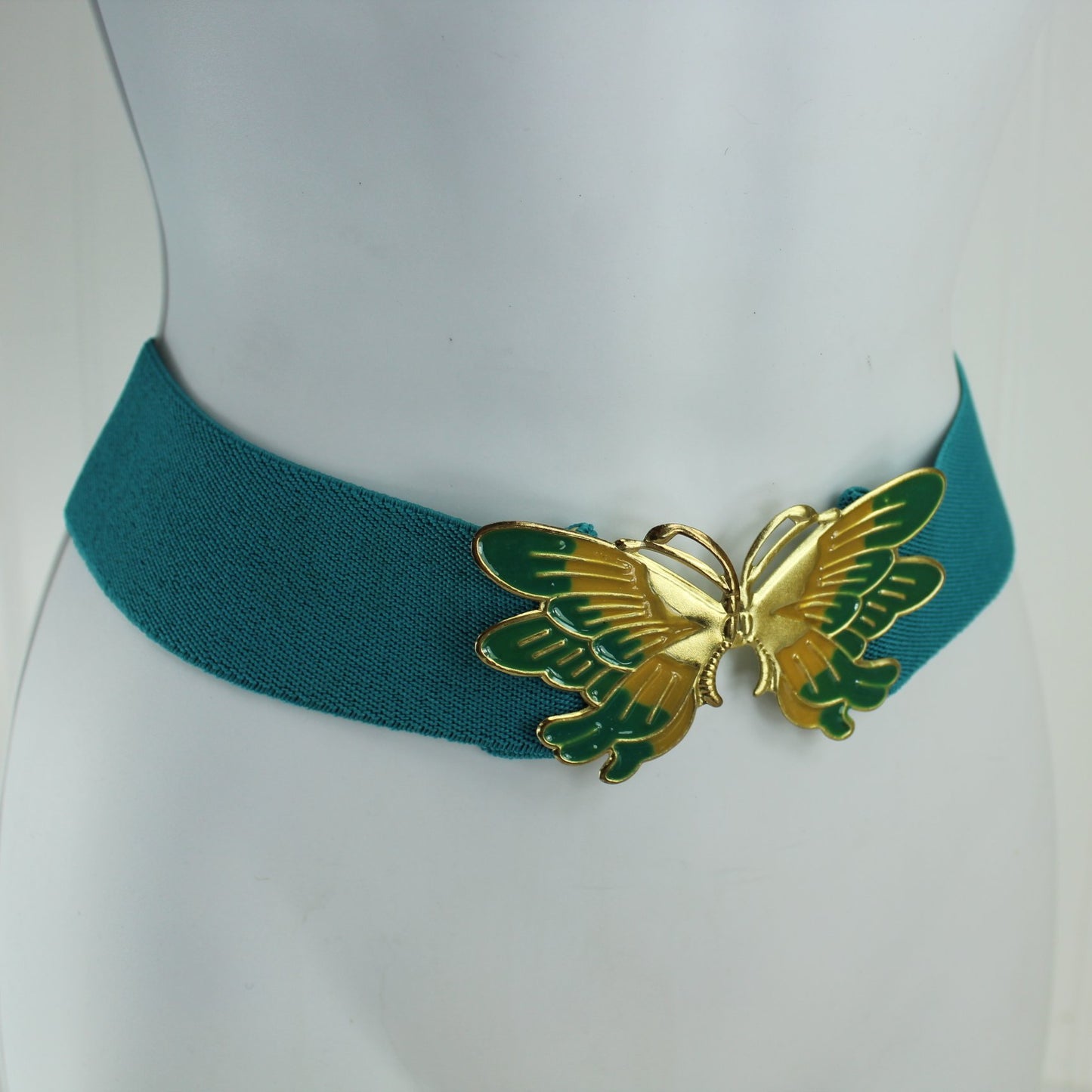 Vintage Turquoise Stretch Belt Metal Butterfly Clip Buckle Gold Jade