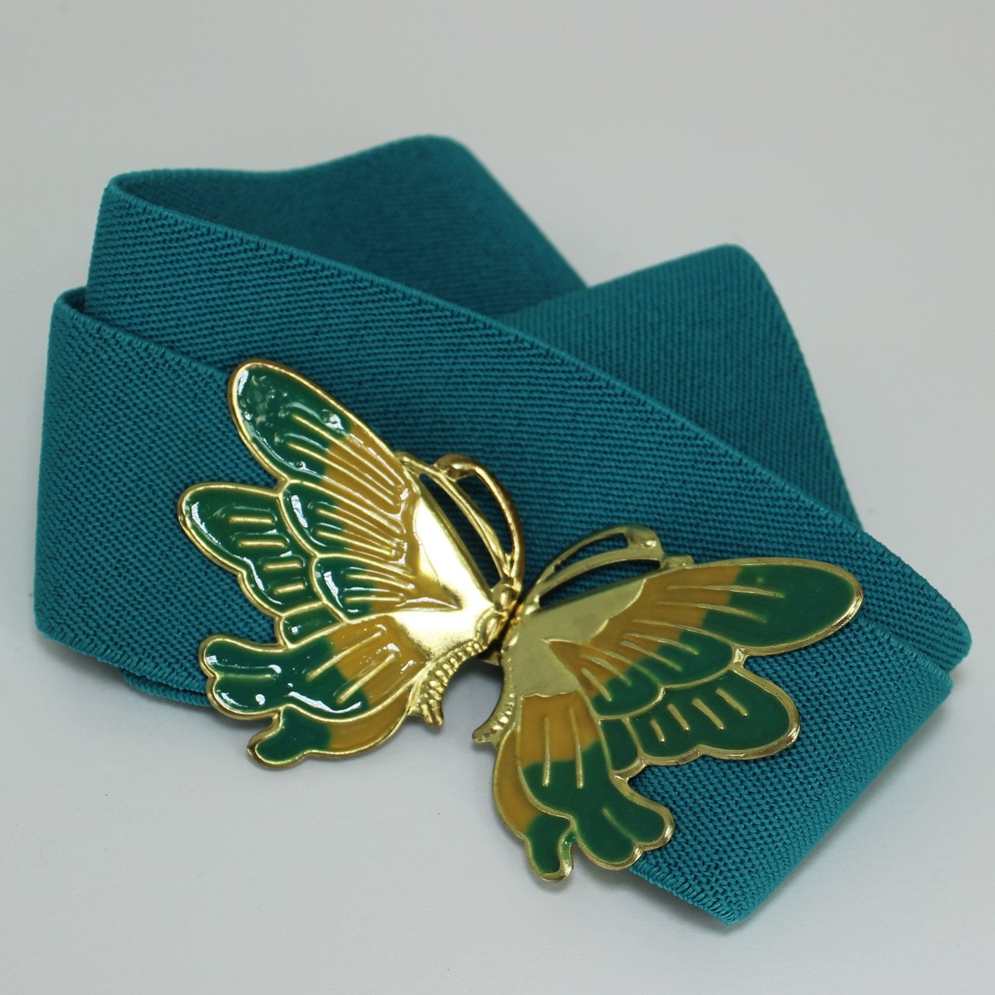 Vintage Turquoise Stretch Belt Metal Butterfly Clip Buckle Gold Jade closeup