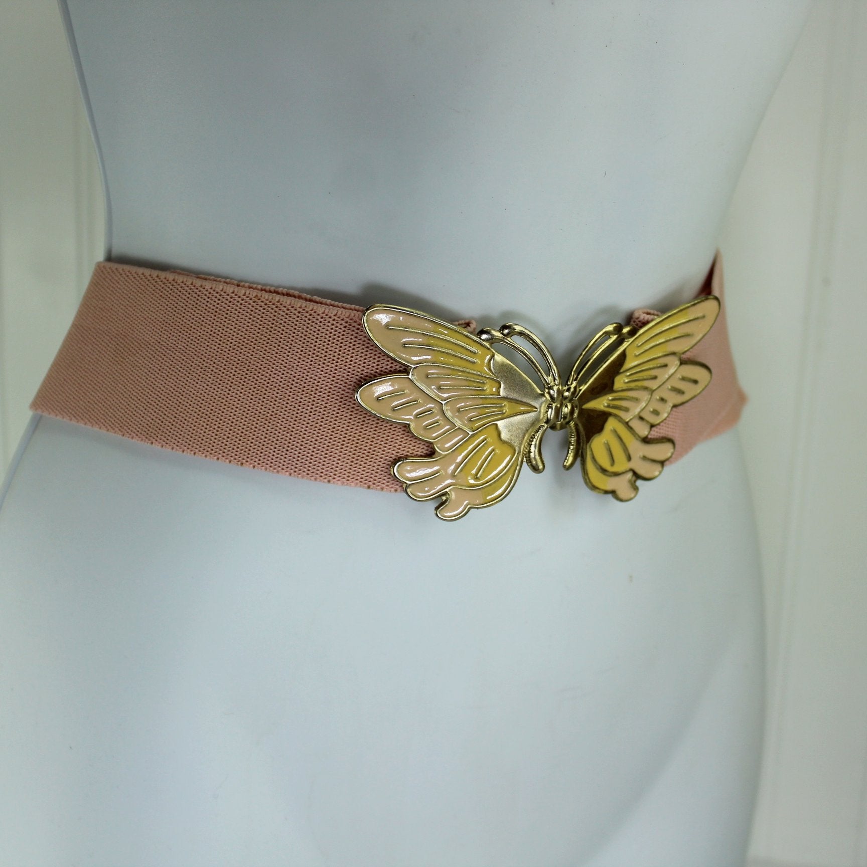 Vintage Pale Pink Stretch Belt Metalic Butterfly Clip Buckle Adjustable Size