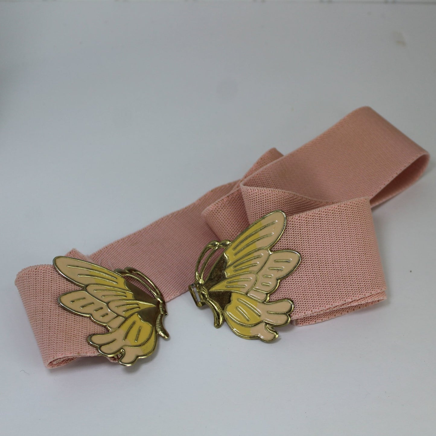 Vintage Pale Pink Stretch Belt Metalic Butterfly Clip Buckle Adjustable Size open belt