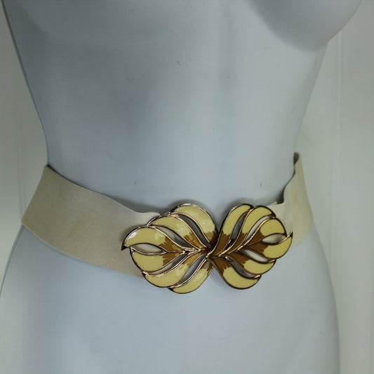 Vintage Ivory Off White Stretch Belt Metal Leaves Buckle  Discount