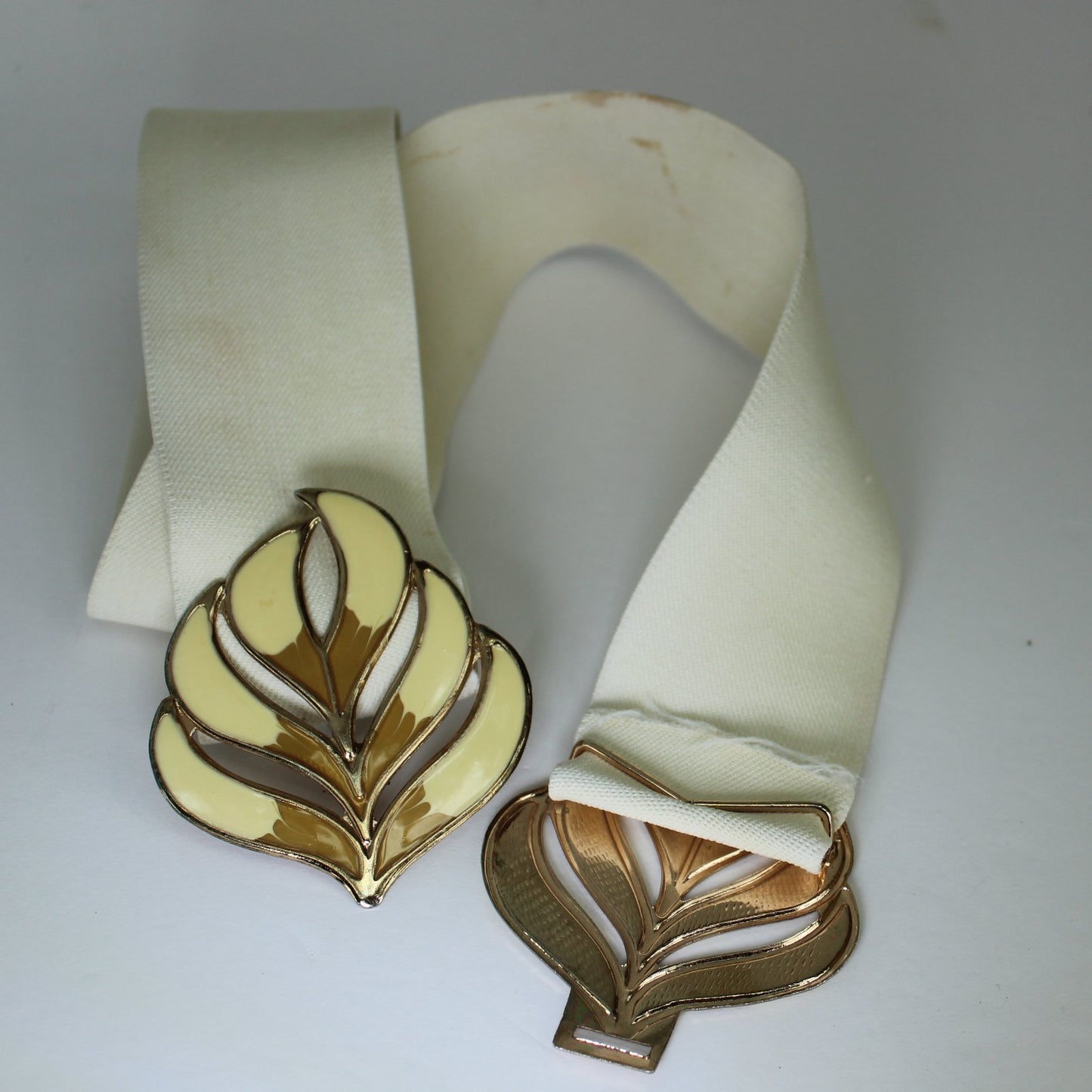 Vintage Ivory Off White Stretch Belt Metal Leaves Buckle  Discount reverse