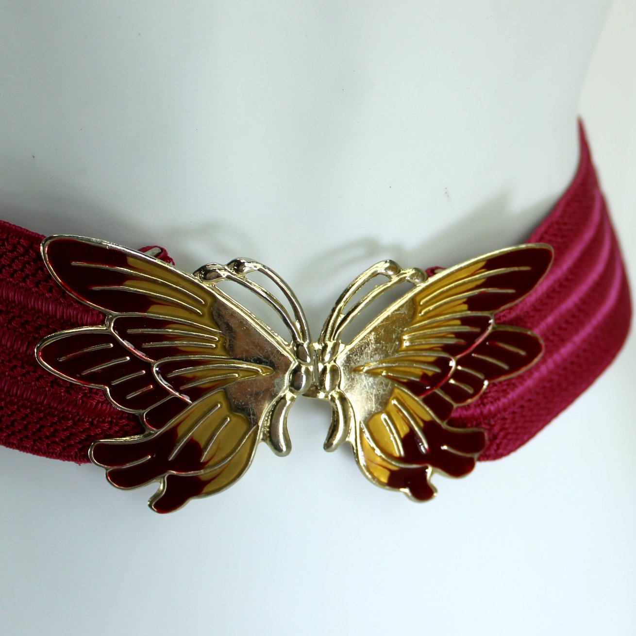 Vintage Burgundy Stretch Belt Metal Butterfly Clip Buckle Burgundy Metallic Gold Discounted closeup scratches