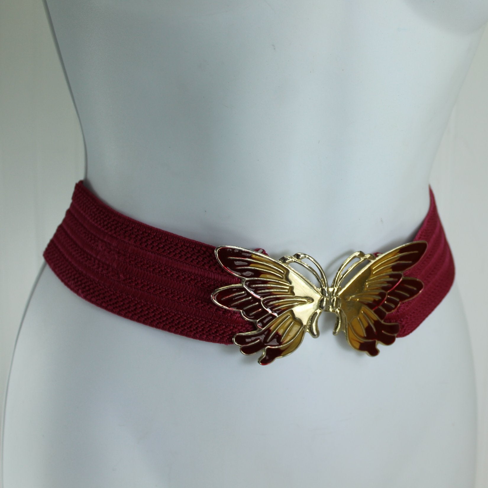 Vintage Burgundy Stretch Belt Metal Butterfly Clip Buckle Burgundy Metallic Gold Discounted