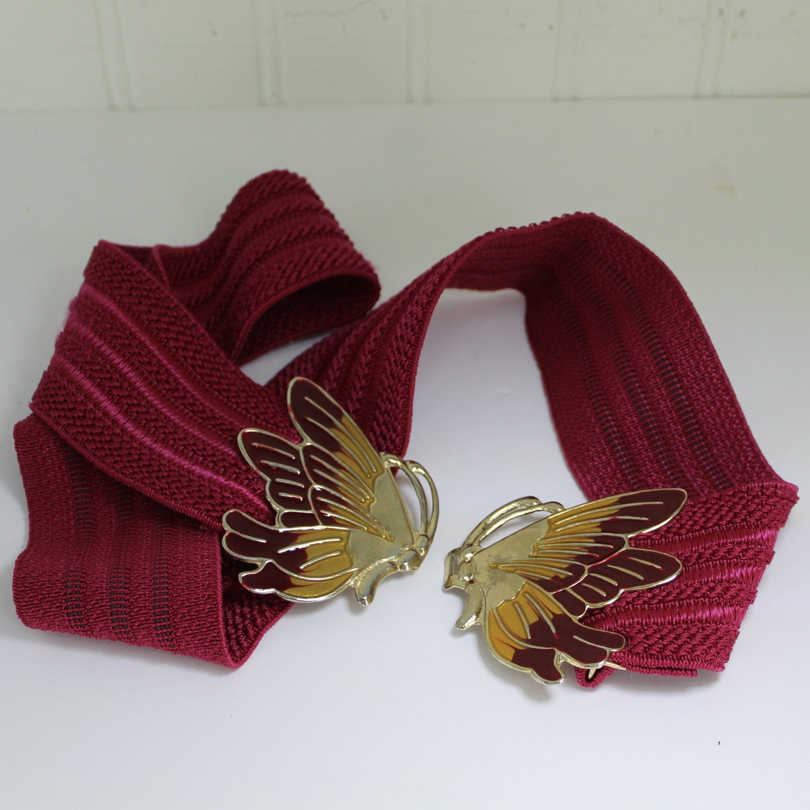 Vintage Burgundy Stretch Belt Metal Butterfly Clip Buckle Burgundy Metallic Gold Discountedopen clip