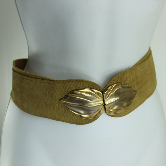 Axcess USA Vintage Tan Handsome Stretch Belt Leather Tab Gold Leaves Buckle