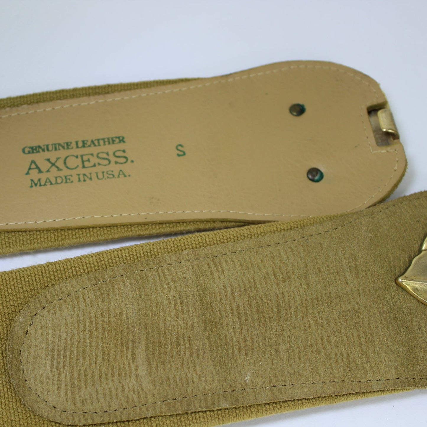 Axcess USA Vintage Tan Handsome Stretch Belt Leather Tab Gold Leaves Bucklecloseup leather