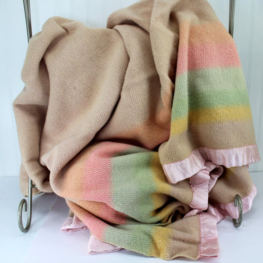 Shabby Chic Vtg Lovely Wool Blanket Pastel Rainbow Pattern Ends Discounted DIY Use 