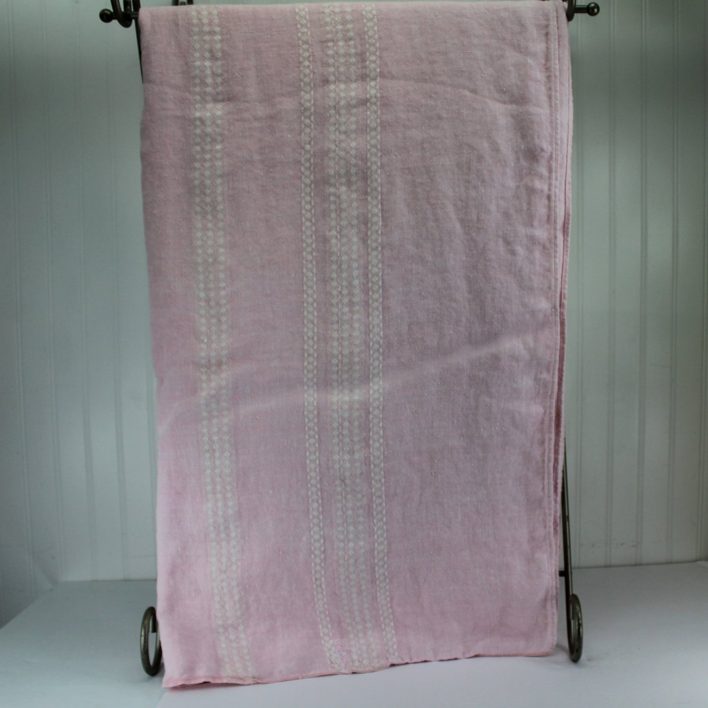 Vintage Pink Linen Tablecloth Woven White Design Large 60" X 78" vertical view