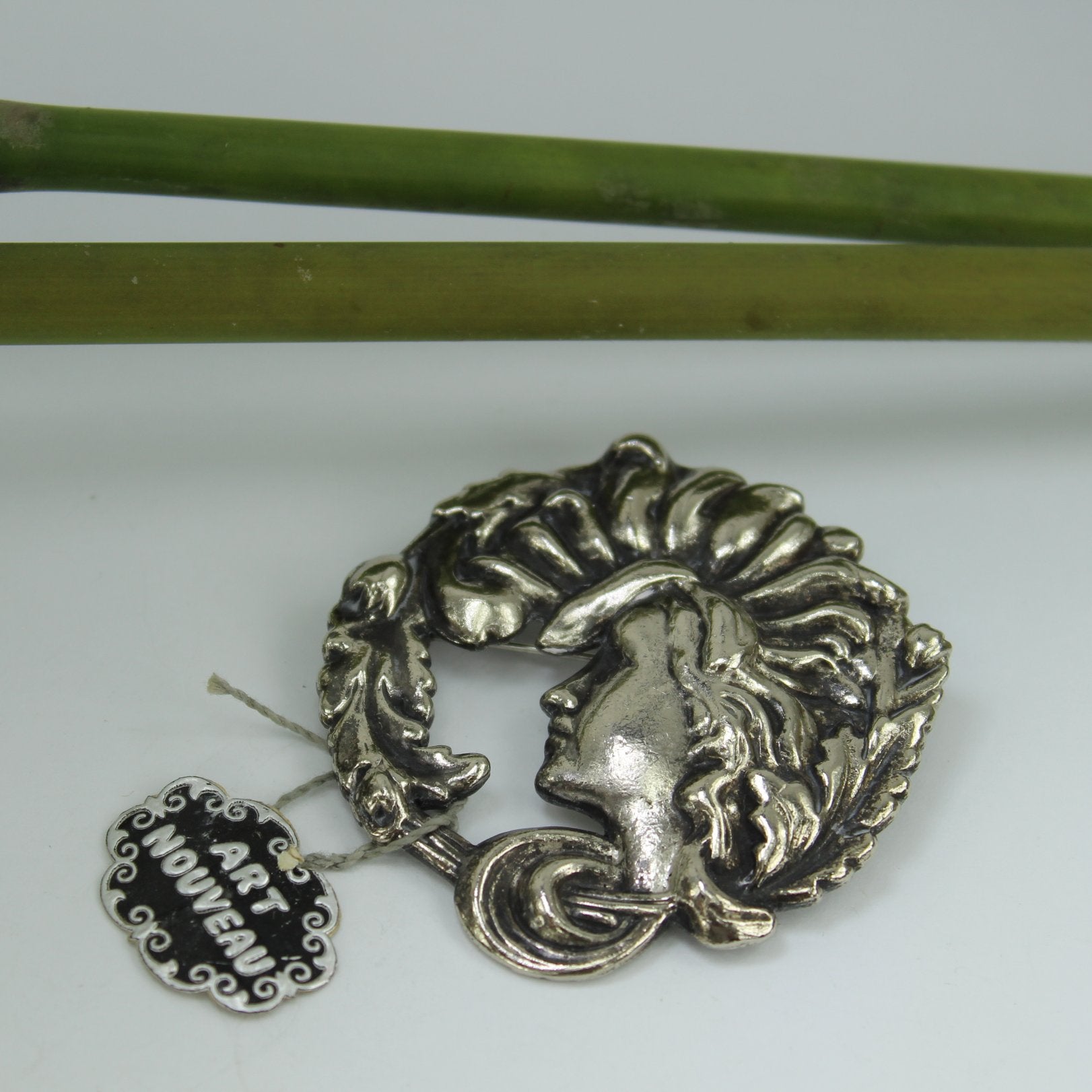 Vintage 1970s Pin Art Nouveau Style Silver Metal Face