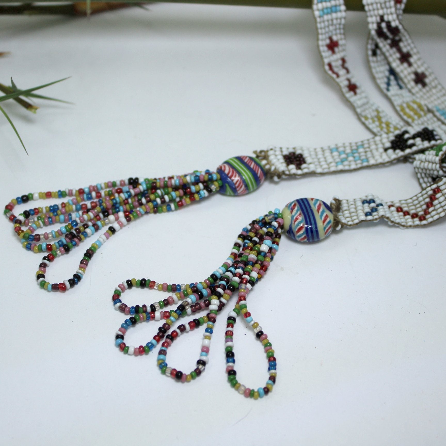 Estate Southwest Native Ceremonial Beaded Tassle Necklace 55" Vintage closeu tassels large beads