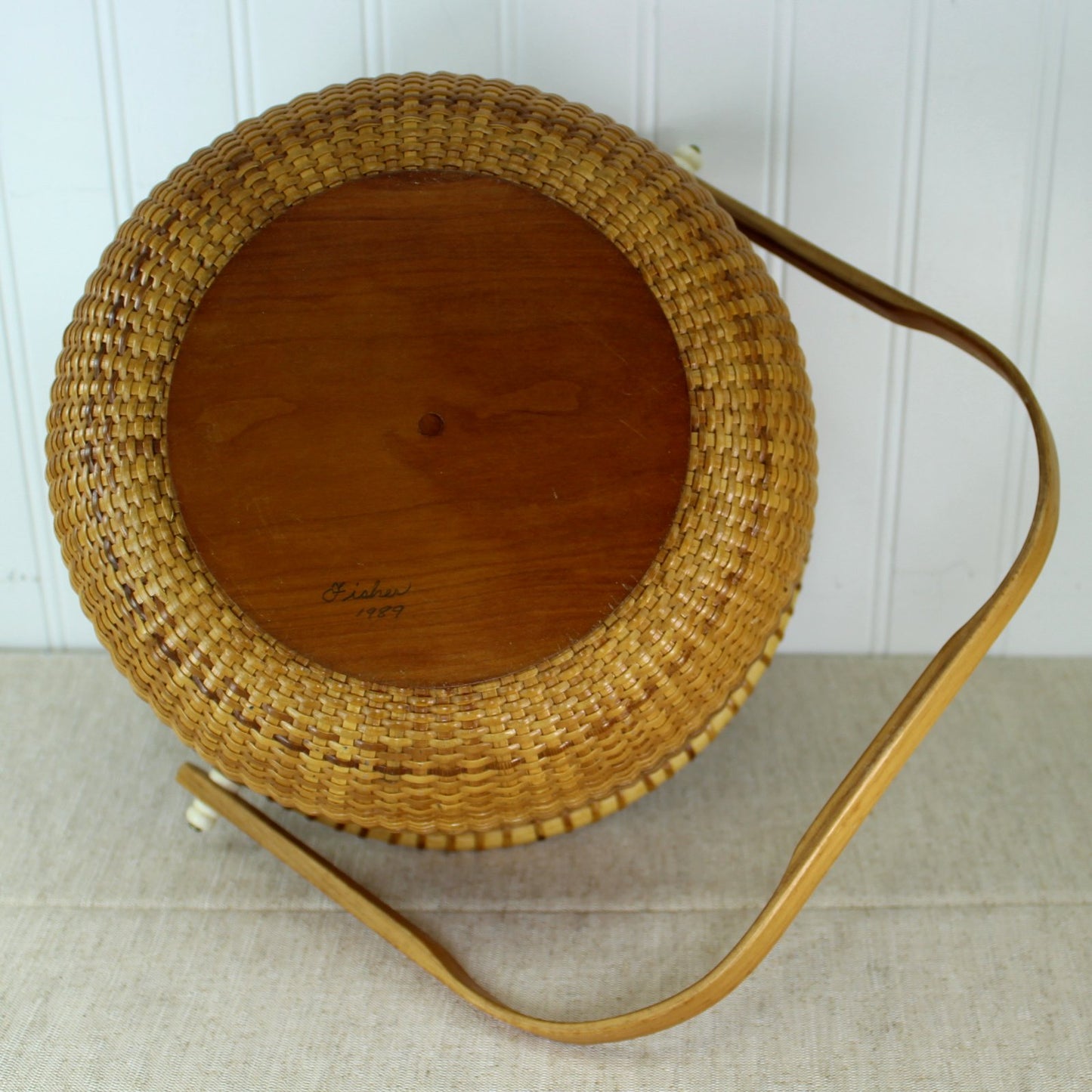 Nantucket Large Open Basket Signed Fisher 1989 Penney Coin Dated Variegated Cane signature of maker fisher