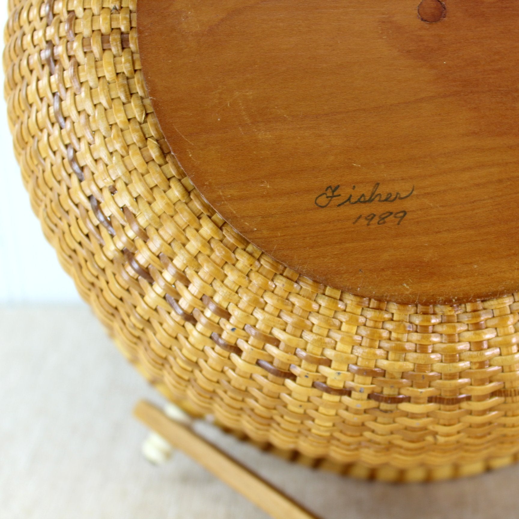 Nantucket Large Open Basket Signed Fisher 1989 Penney Coin Dated Variegated Cane signature maker