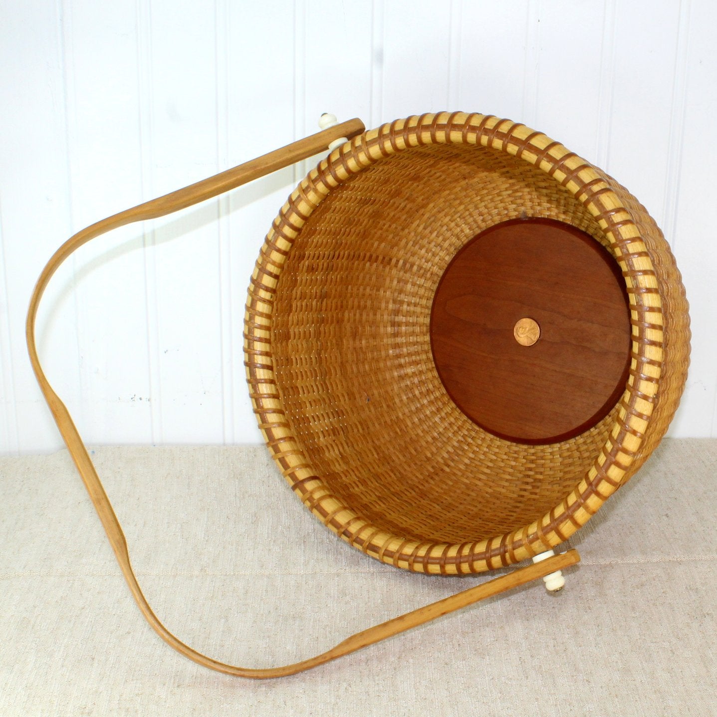 Nantucket Large Open Basket Signed Fisher 1989 Penney Coin Dated Variegated Cane long view inside basket