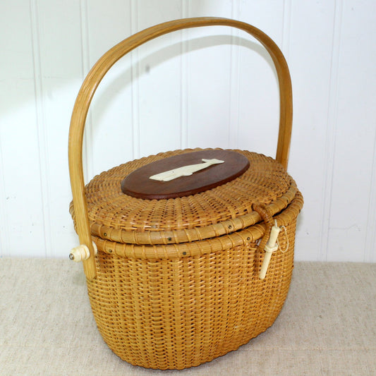 Nantucket Friendship Vintage Basket Purse Whale Scrimshaw Decorated Estate