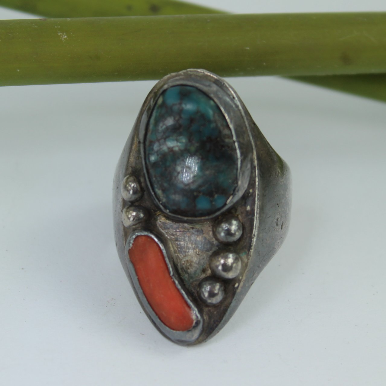 Old Pawn Native American Cast Turquoise Coral Ring Heavy Size 13