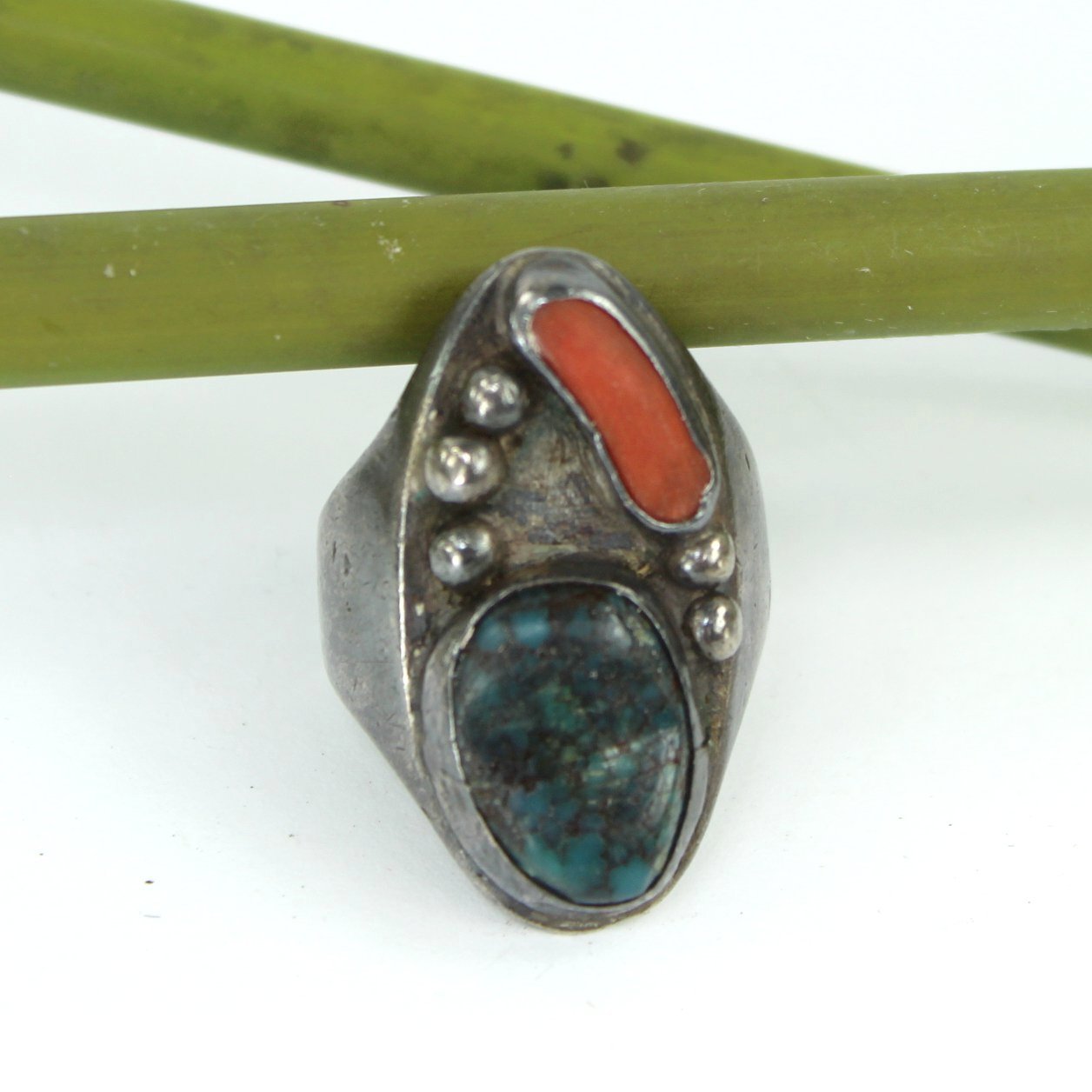 Old Pawn Cast Turquoise Coral Ring Heavy Size 13 front on view