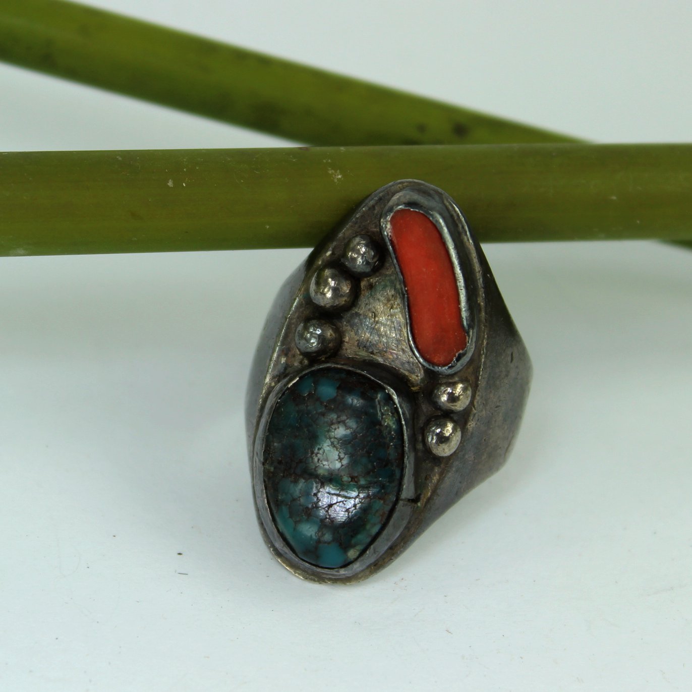 Old Pawn Cast Turquoise Coral Ring Heavy Size 13 hand made obviously