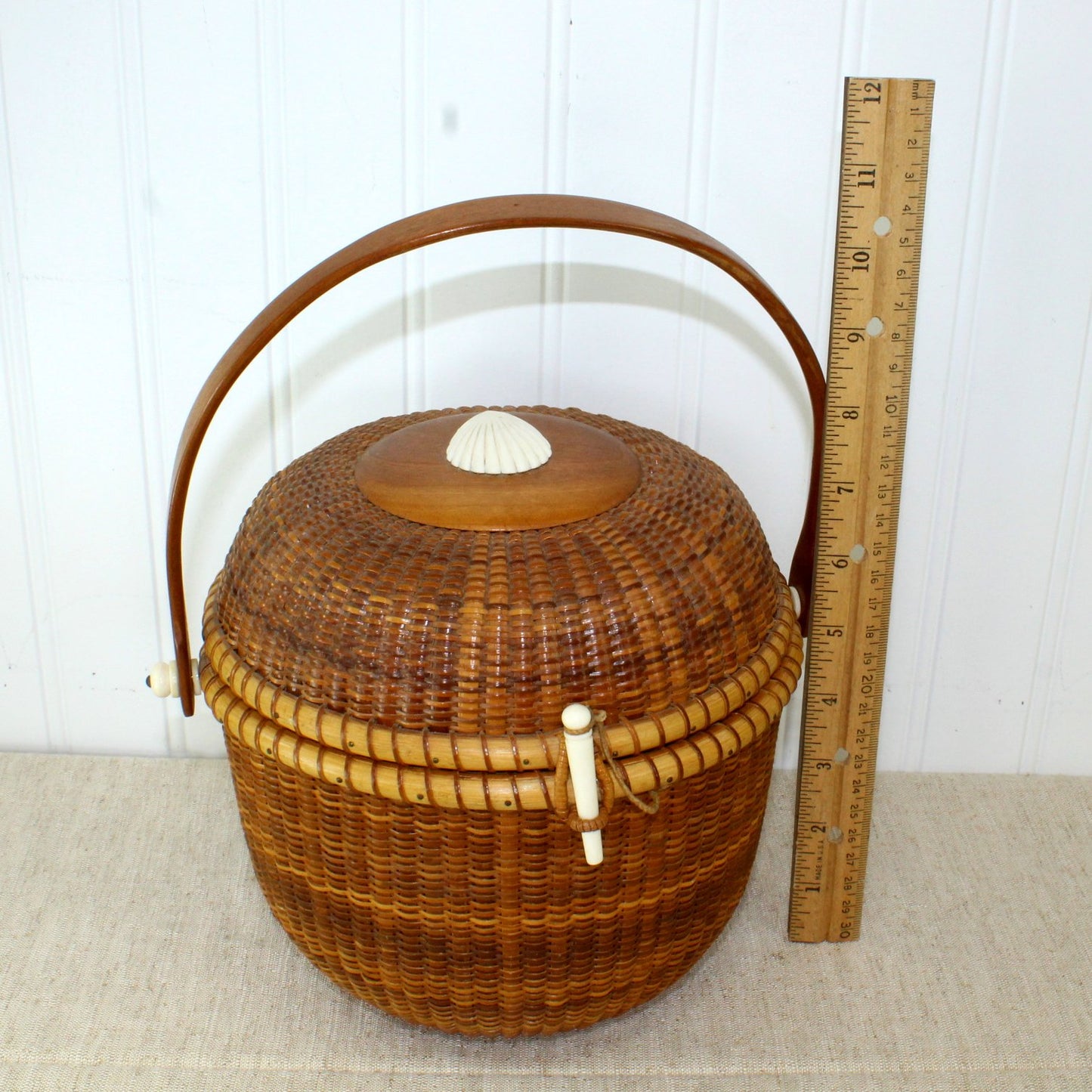 Nantucket Friendship Basket Purse Shell Ivory Decorated Rare Dome Shape view with ruler for size