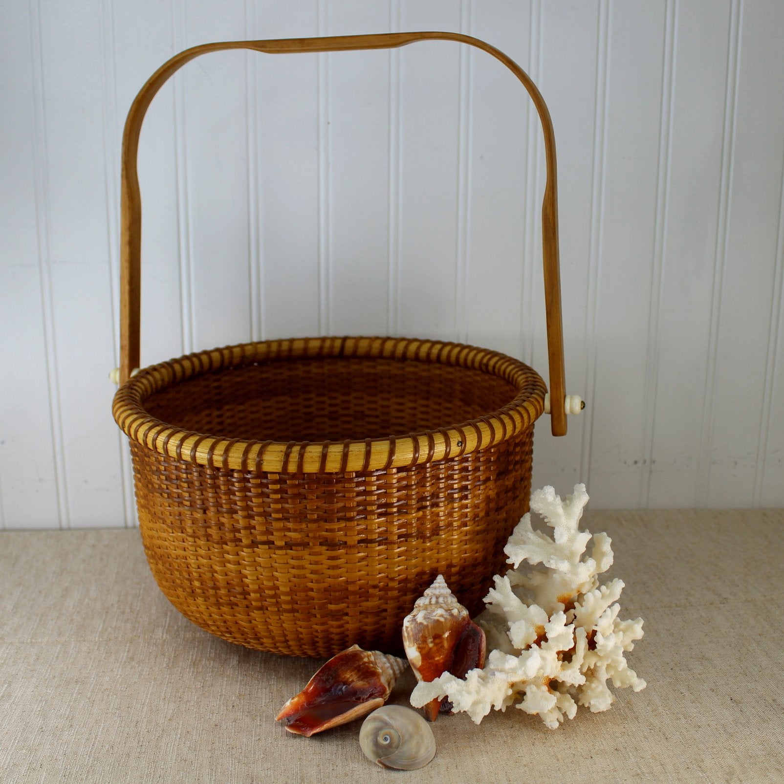 Nantucket Large Open Basket Signed Fisher 1989 Penney Coin Dated Variegated Cane