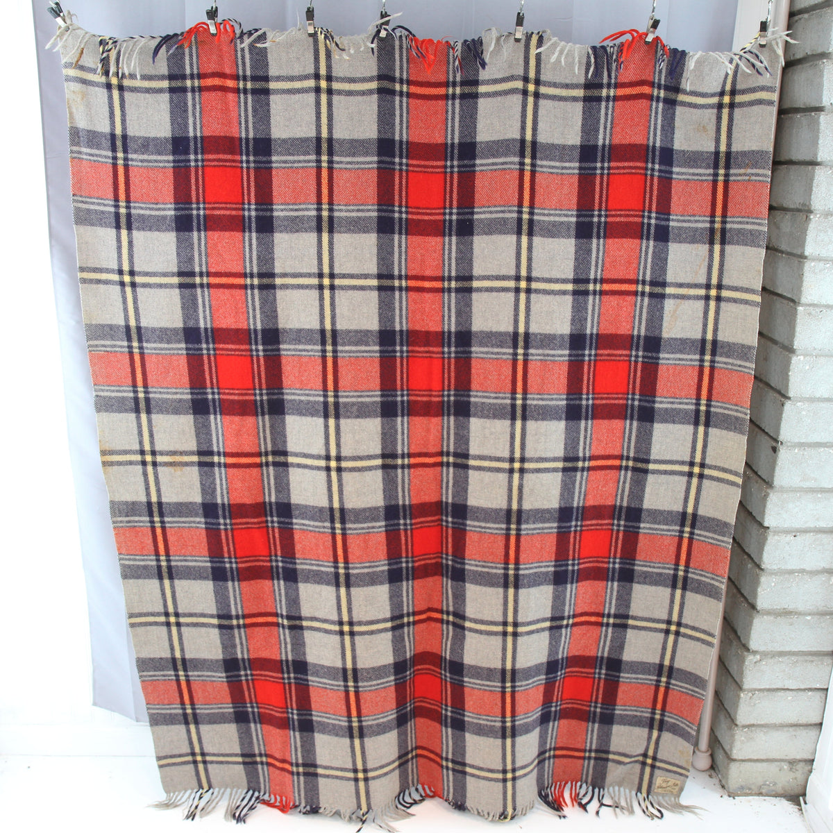 Vintage Troy Plaid Fringed Wool Cabin Camp Blanket 54W x 66L. Has the traditional feel and smell of wool.