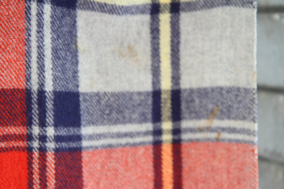 Vintage Troy Plaid Fringed Wool Cabin Camp Blanket 54W x 66L. Has the traditional feel and smell of wool.