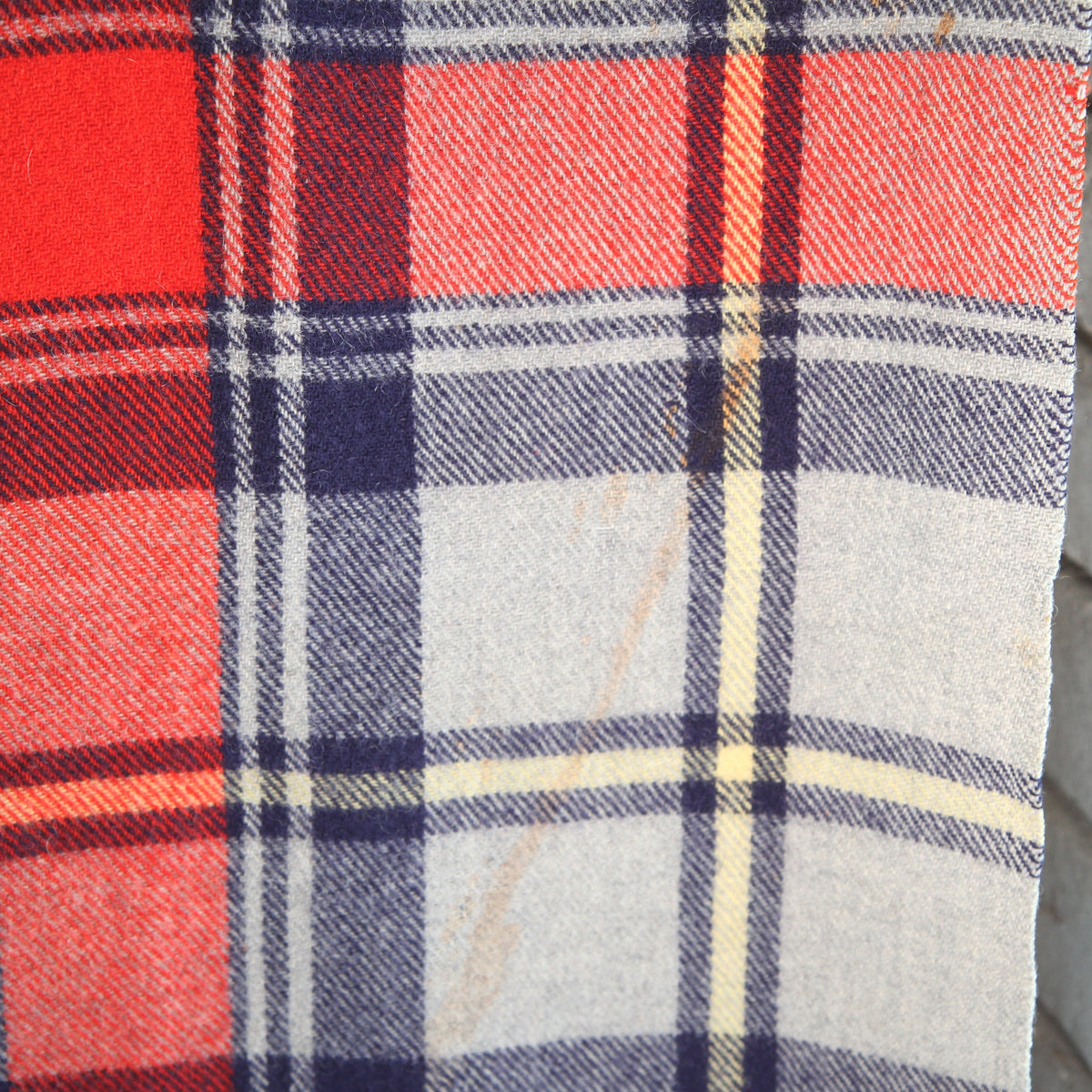 Vintage Troy Plaid Fringed Wool Cabin Camp Blanket 54W x 66L. Has the traditional feel and smell of wool.
