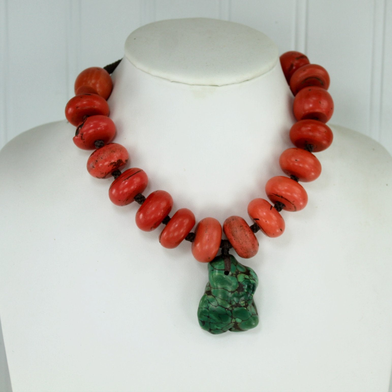 Green Turquoise Coral Stone Chunky Necklace Woven Chain Coin Style Closure