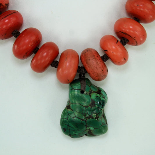 Green Turquoise Coral Stone Chunky Necklace Woven Chain Coin Style Closure