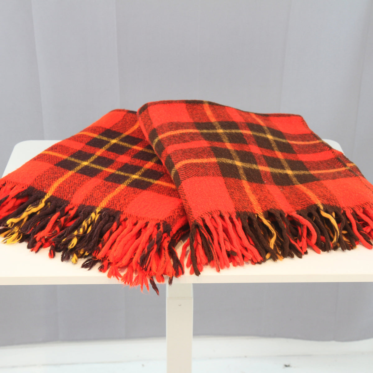 Pair Vintage Classic Red Plaid Throws Stadium Blankets 54 X 54. Believed to be made by Faribo.&nbsp;