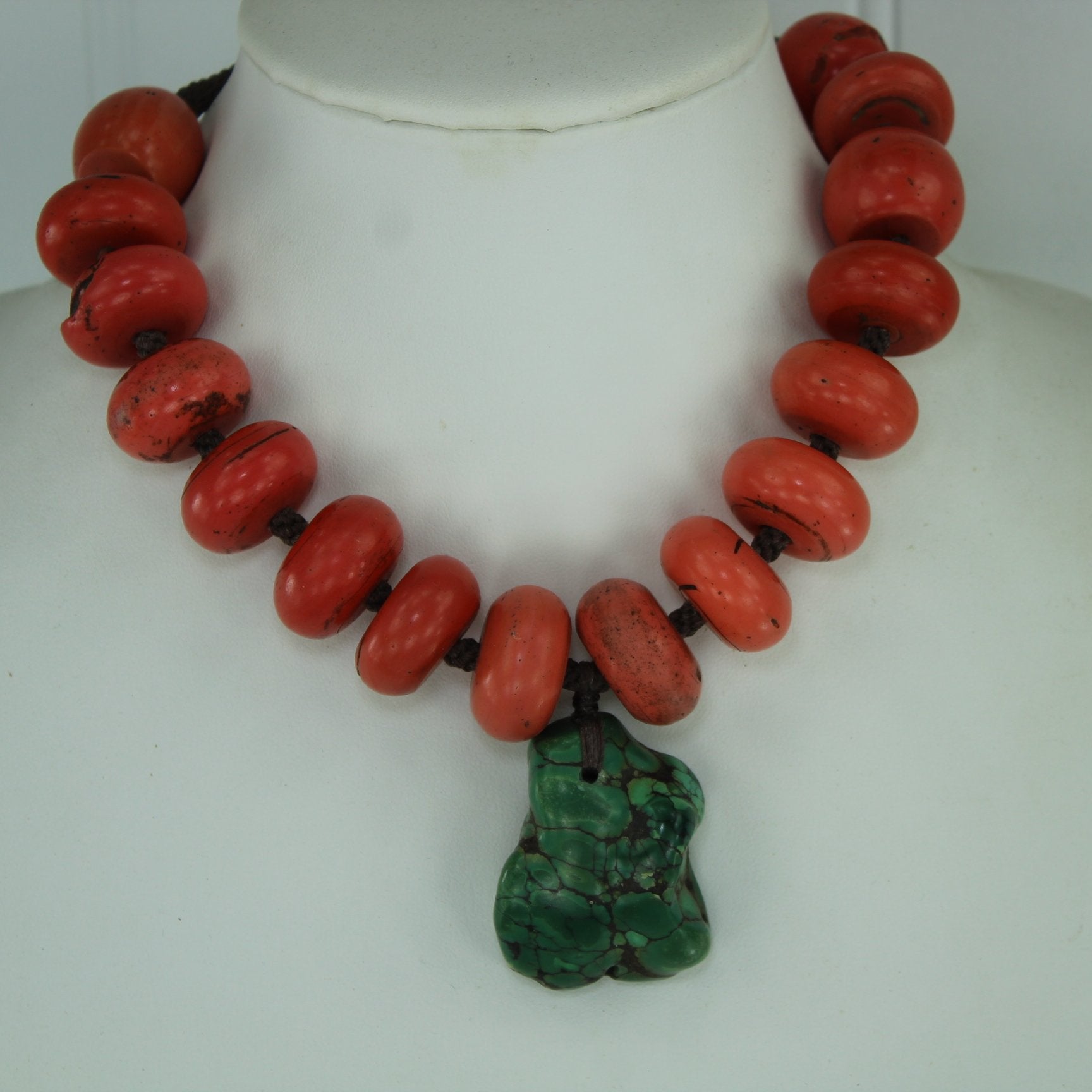 Green Turquoise Coral Stone Chunky Necklace Woven Chain Coin Style Closure neck view