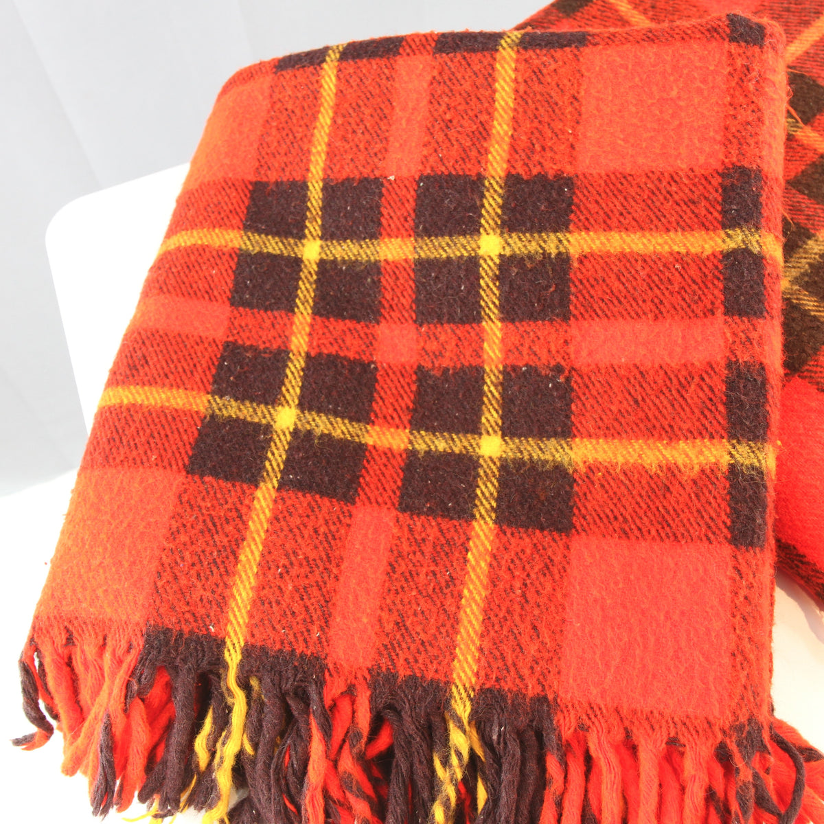 Pair Vintage Classic Red Plaid Throws Stadium Blankets 54 X 54. Believed to be made by Faribo.&nbsp;