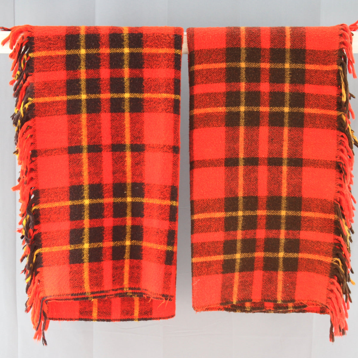 Pair Vintage Classic Red Plaid Throws Stadium Blankets 54 X 54. Believed to be made by Faribo.&nbsp;