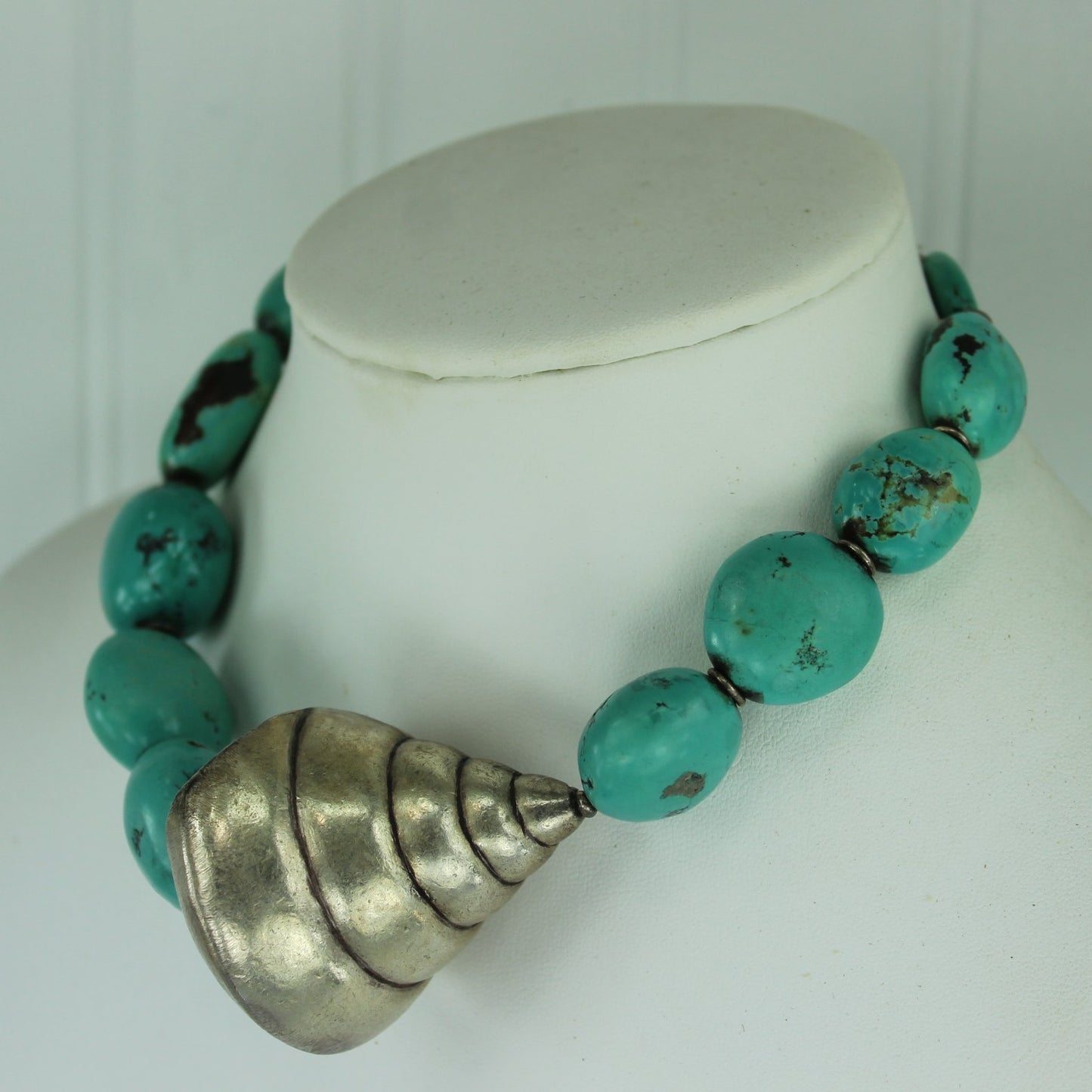 Stunning Statement Chunky Turquoise Large Silver Metal Shell Necklace Marked PCK