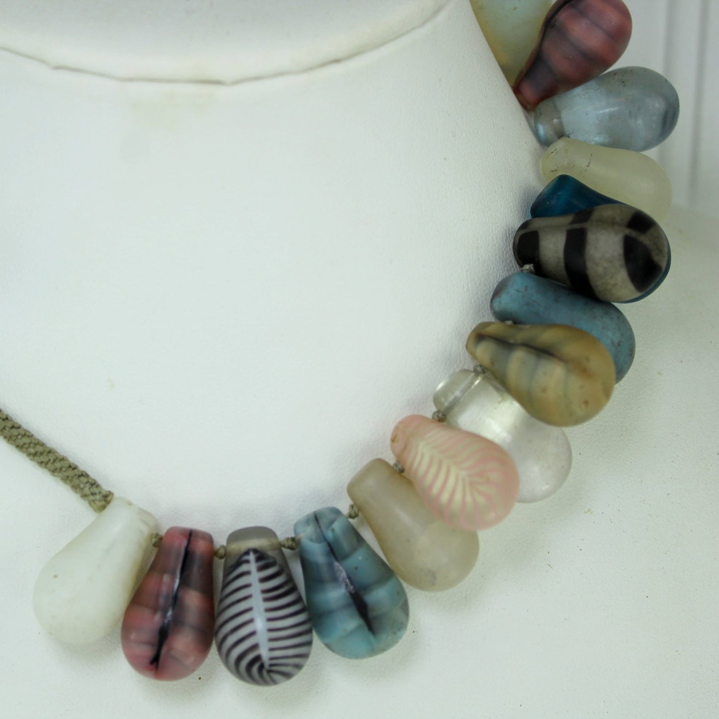 Charming Glass Bead Necklace Frosted Satiny Baubles Great on Neck partial view beads