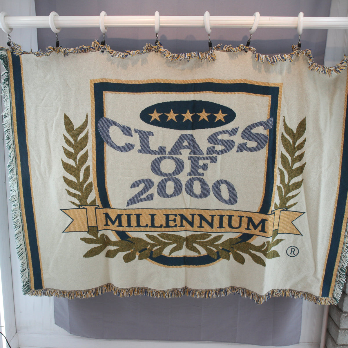 A woven fringe banner or tapestry hanging from a white rod, featuring the text 'CLASS OF 2000 MILLENNIUM' with laurel branches and a blue star emblem.