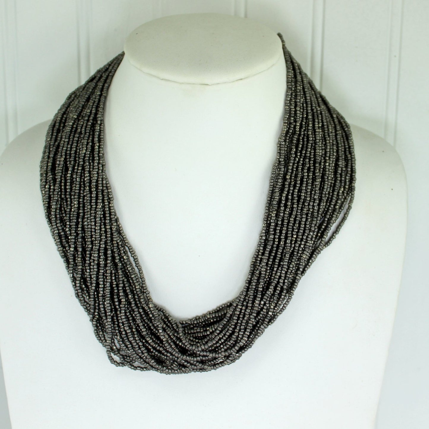 Naga Necklace 40 Strand Charcoal Metallic Glass Seed Beads Copper Closure  neck view