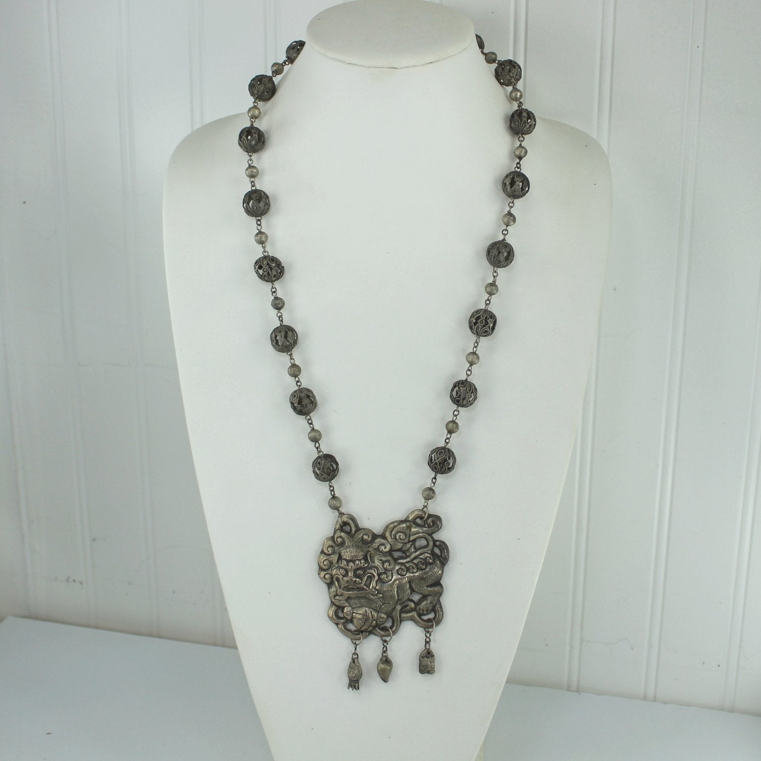 Silver Foo Dog Long Necklace Open Work Bead Intricate Chain Ethnic Origin full length neck view